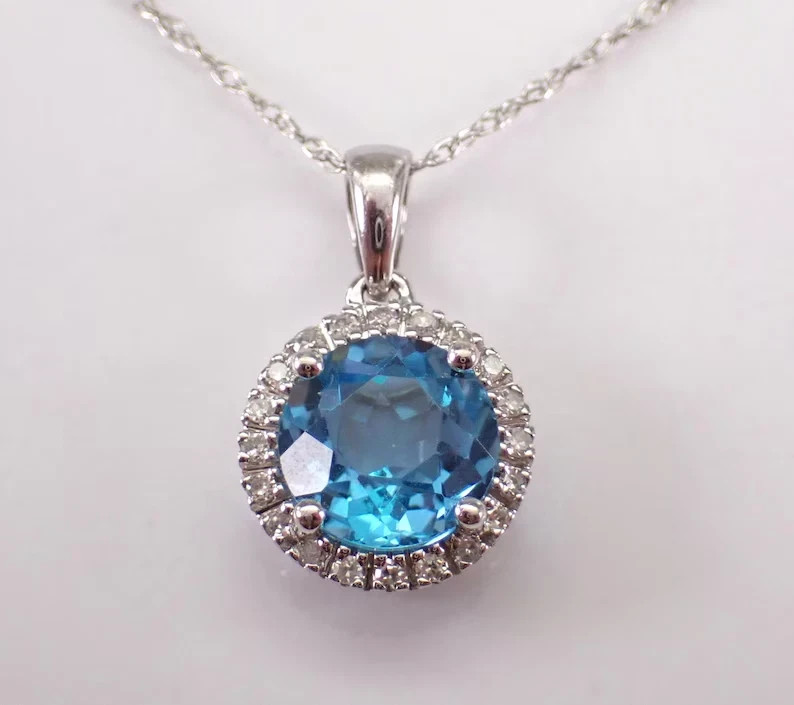 2.00Ct Round Cut Simulated Blue Topaz Halo Pendant Chain 14k White Gold Plated