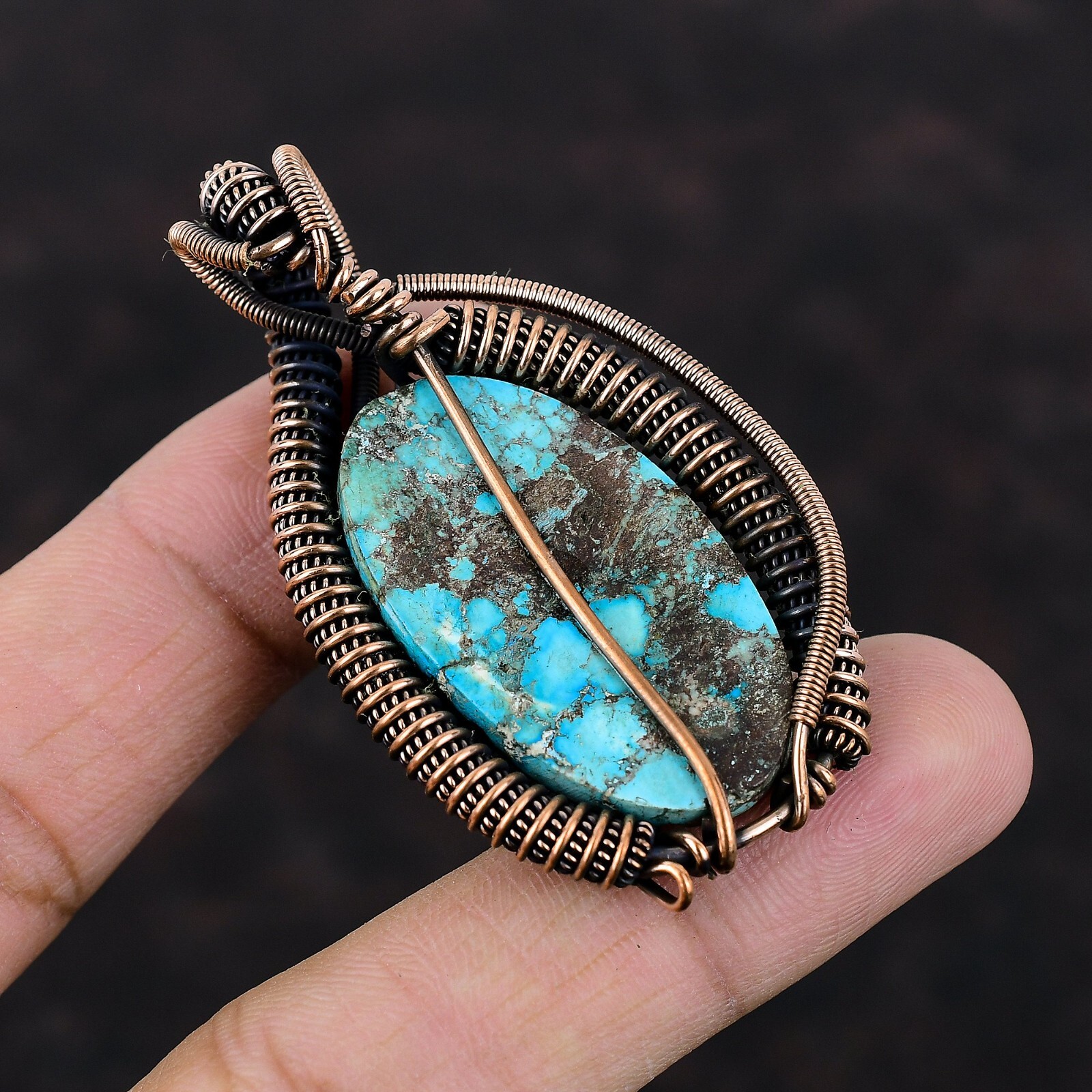 Tibetan Turquoise Copper Gift For Friend Wire Wrapped Pendant 2.36″