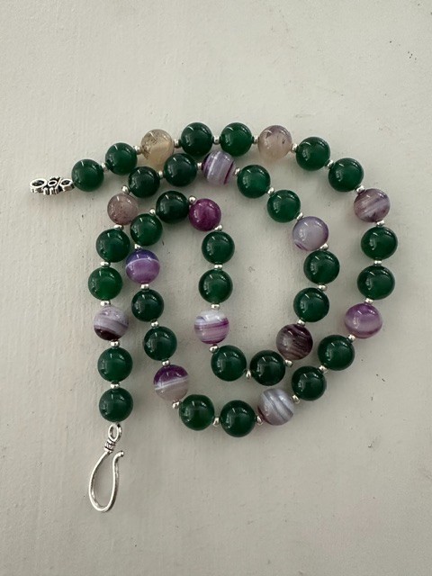 Natural Green and Purple Striped Agate 10 mm Gemstone Round Beads 22 ” Necklace.