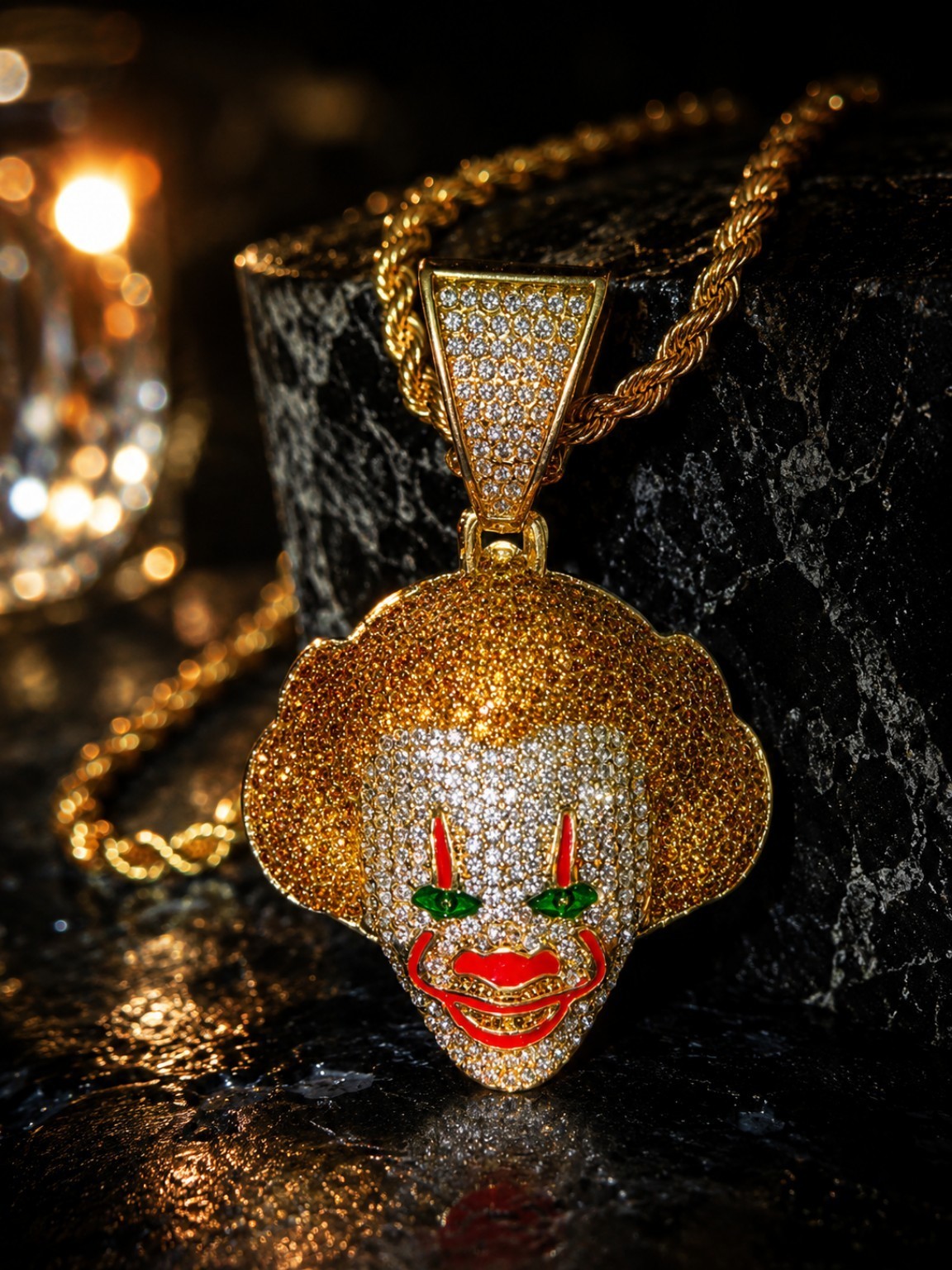 Iced Out Bust Down Clown Face Pendant Gold Tone Rope Chain Halloween Necklace