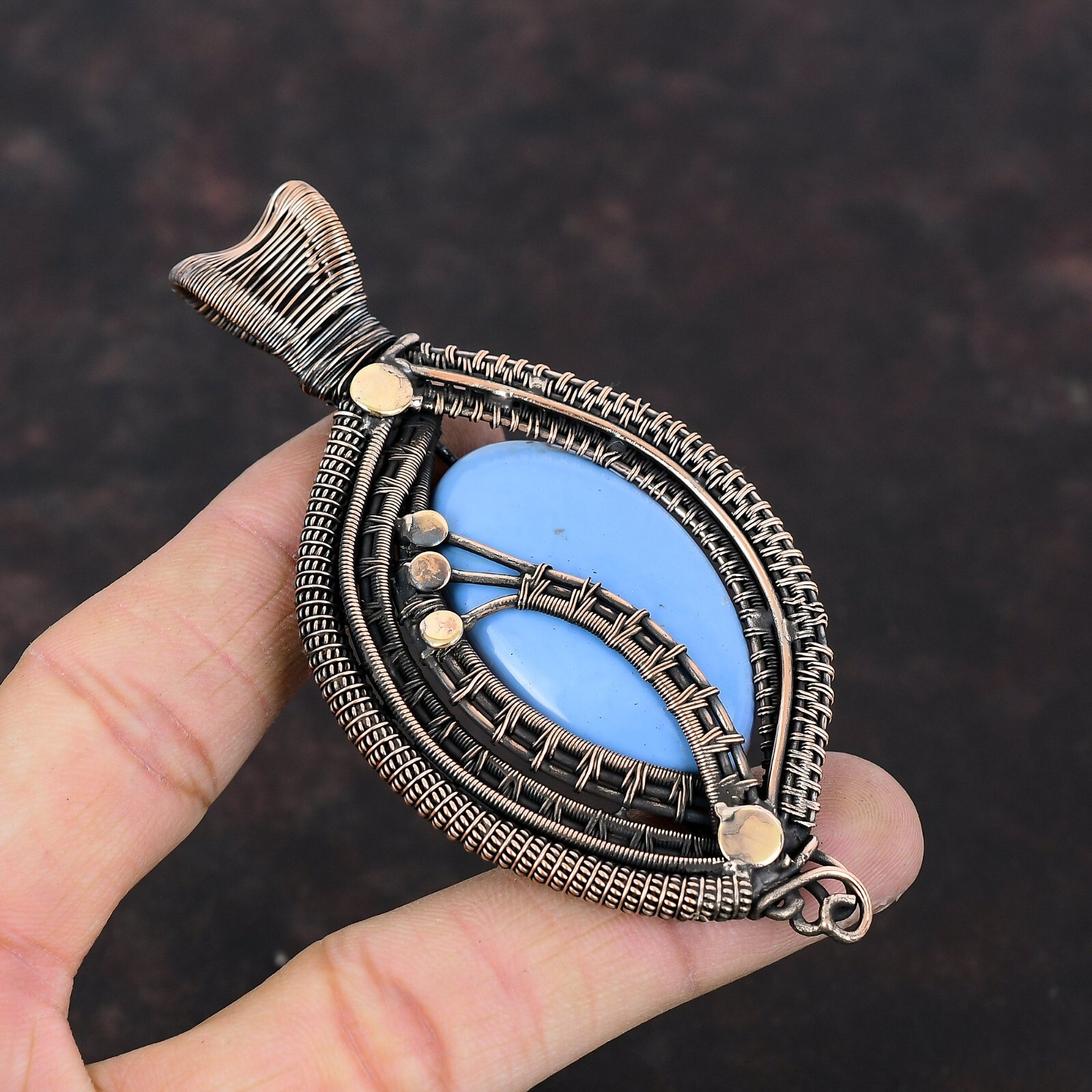 Angelite Gemstone Handmade Jewelry Copper Mum Gift Wire Wrapped Pendant 3.74″