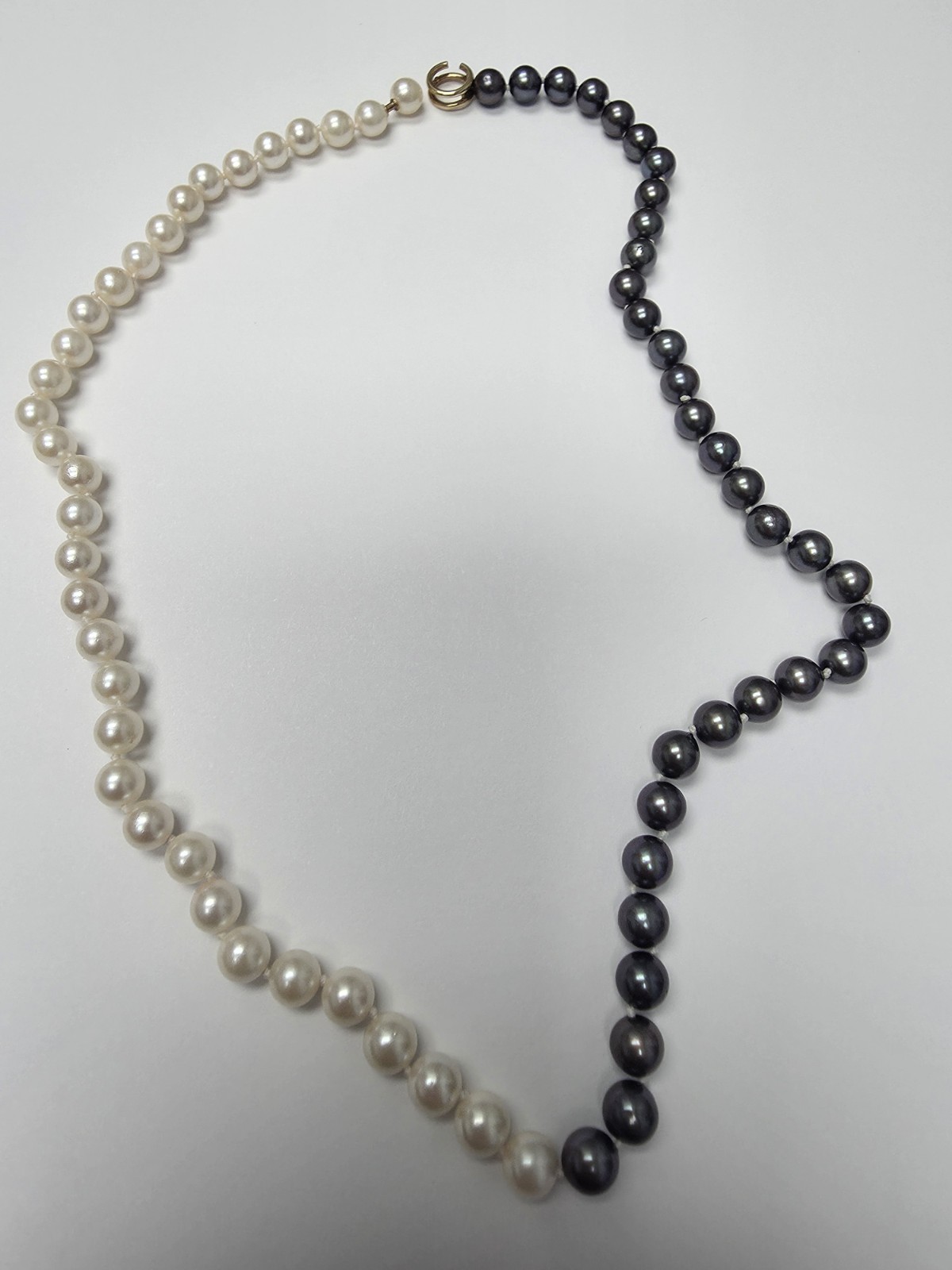 Black & White Round Pearl Beaded Strand Necklace, Yellow Gold Spring Ring 14K