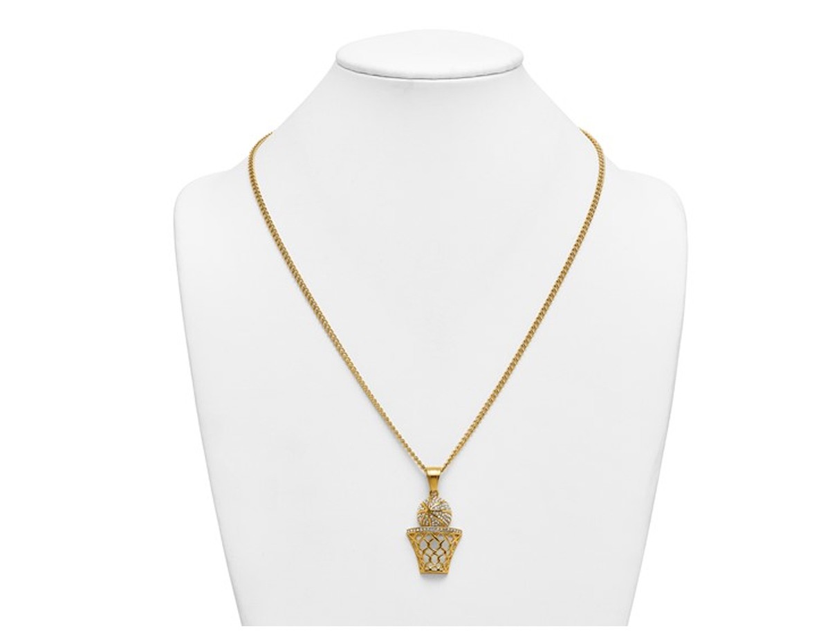 Yellow Plated Stainless Steel Basketball & Hoop Pendant Necklace with Chain