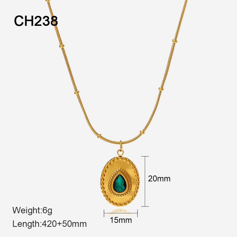Vintage Emerald Stainless Steel Necklace Inlaid Titanium Steel Pendant Necklace