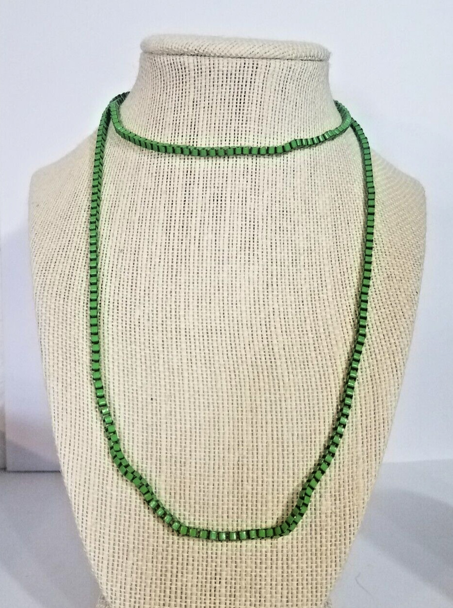Vintage Venetian Green Stainless Steel Box Chain Necklace Costume Fashion