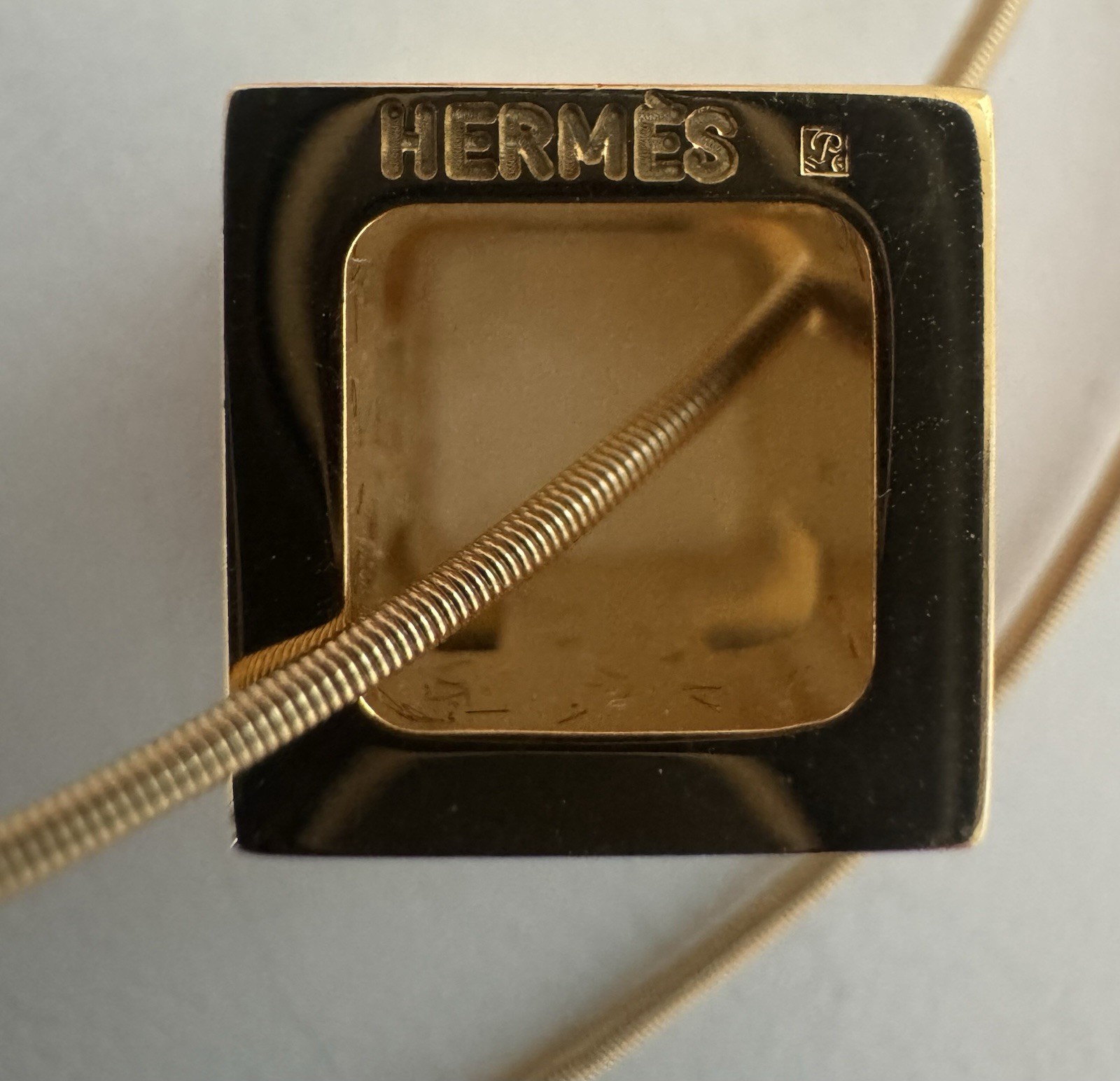 Estate Hermes Gold Tone Orange Enamel H Cube Necklace With Box