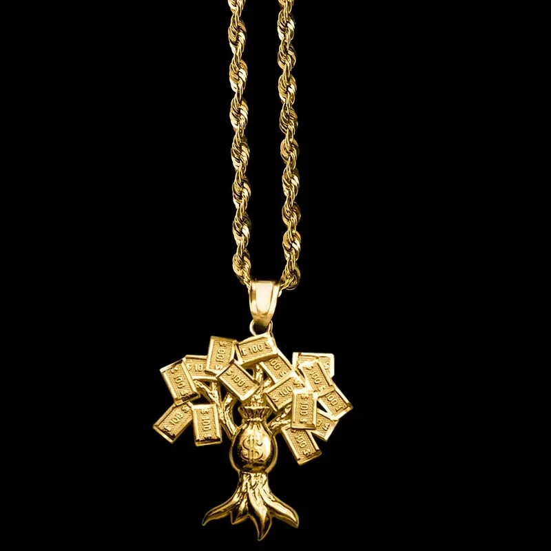 Brass Gold Plated $100 Money Tree Pendant & 3mm 24″ Rope Chain Hip Hop Necklace