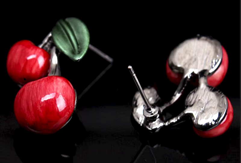 Sweet Red CHERRY Leaf Blossom Choker Betsey Johnson Enamel Necklace Earrings SET