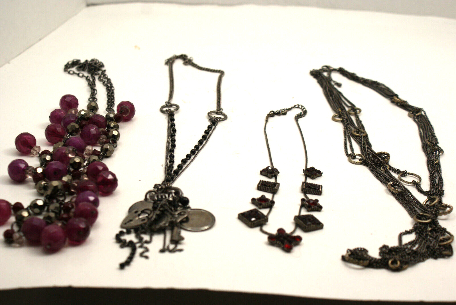 Multistrand Layered 18″ to 32″ Gun Metal Black Purple Red Beaded Necklaces Lot 4