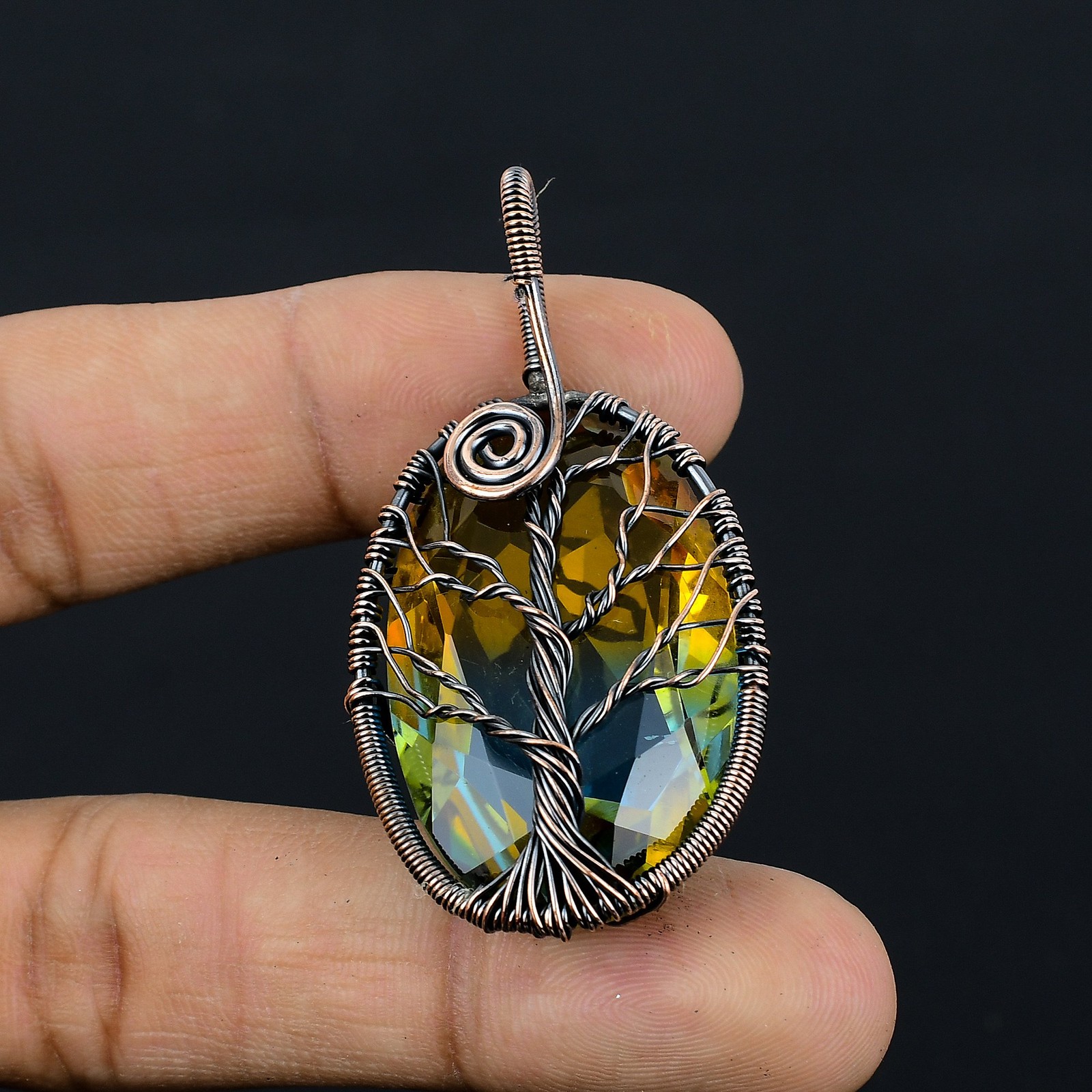 Bi Color Tourmaline Gemstone Copper Wire Wrap Jewely Pendant 2.2″ J676