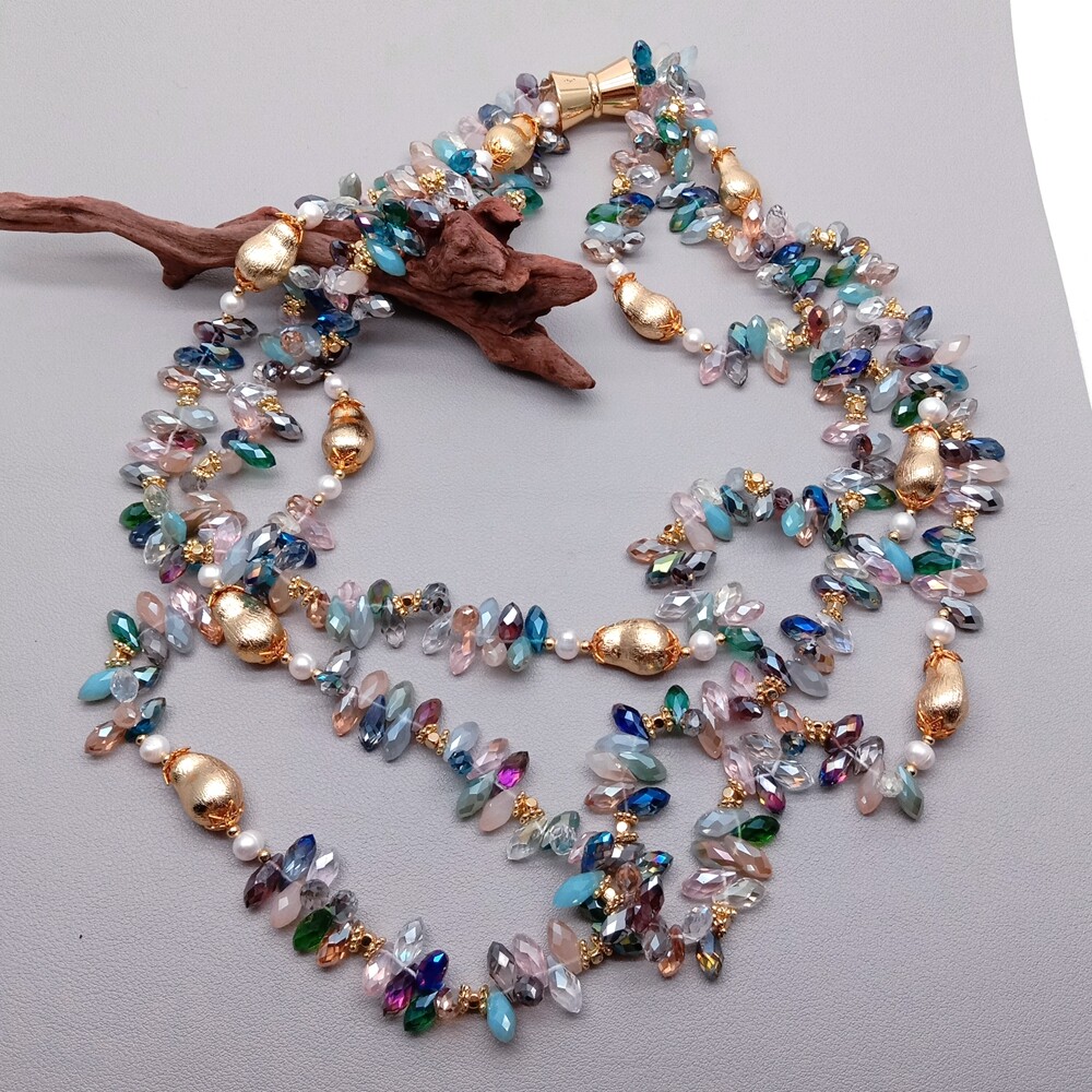 3 Strands Cultured White Pearl Multi Color Crystal Statement Necklace