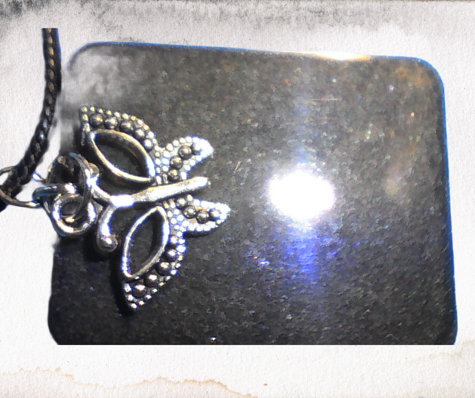 Handmade Square Butterfly Resin Pendant Necklace Silver Charm Black Cord 18″
