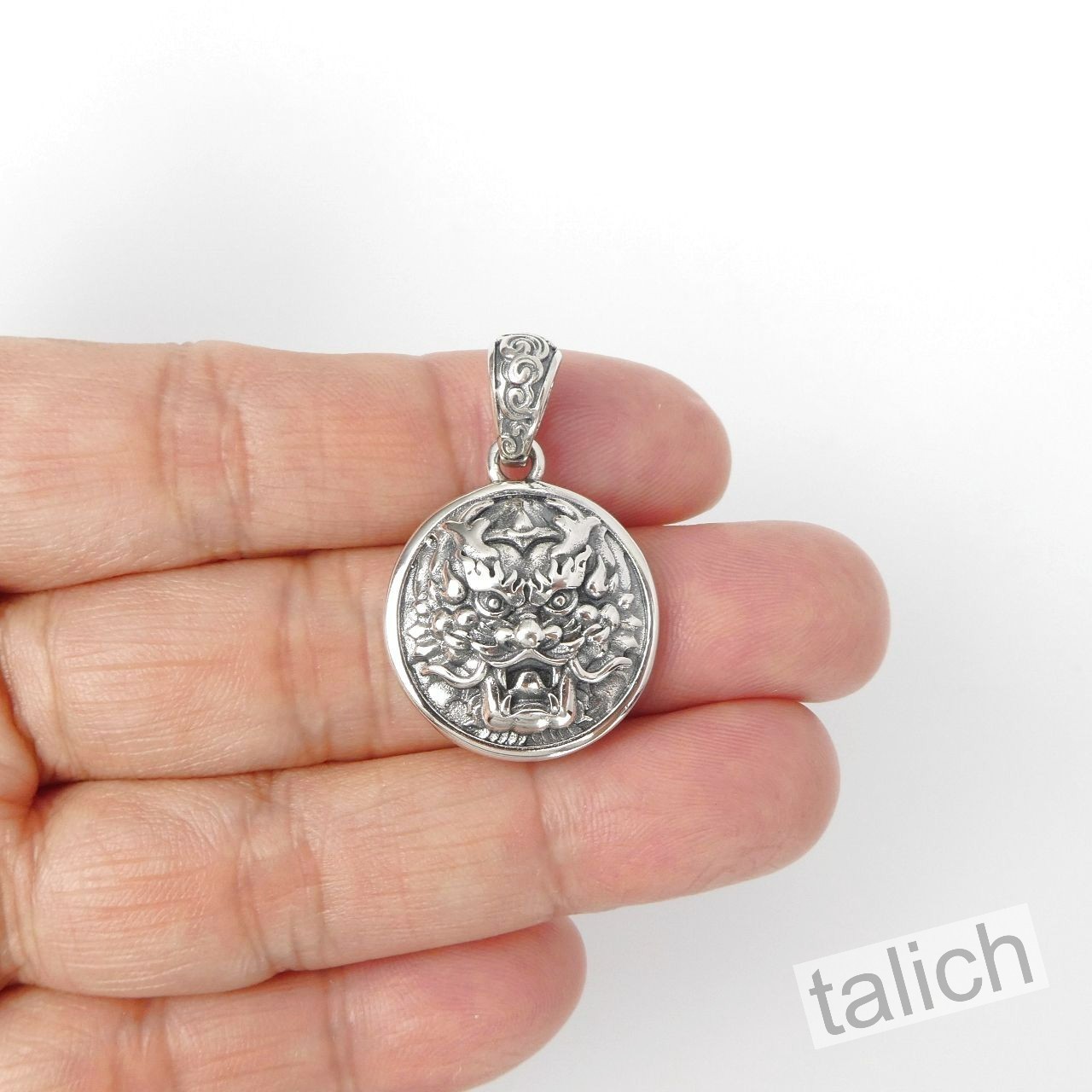 925 Sterling Silver Detailed Chinese Dragon Head 20mm Small Round Amulet Pendant