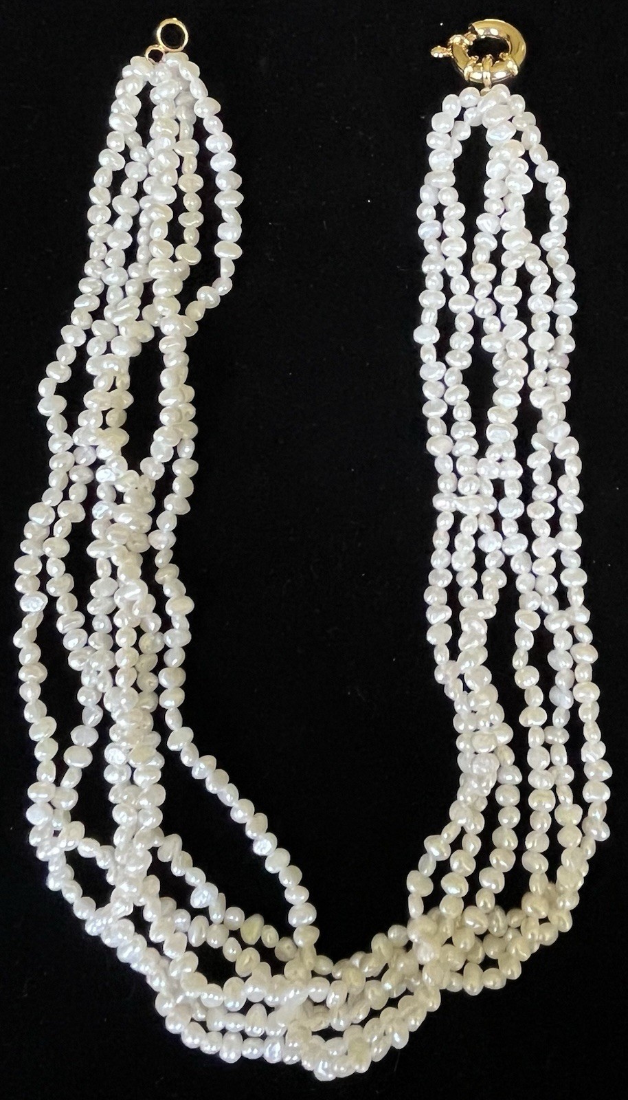 Multi-strand white baroque seed pearl bead necklace gold-tone spring ring clasp