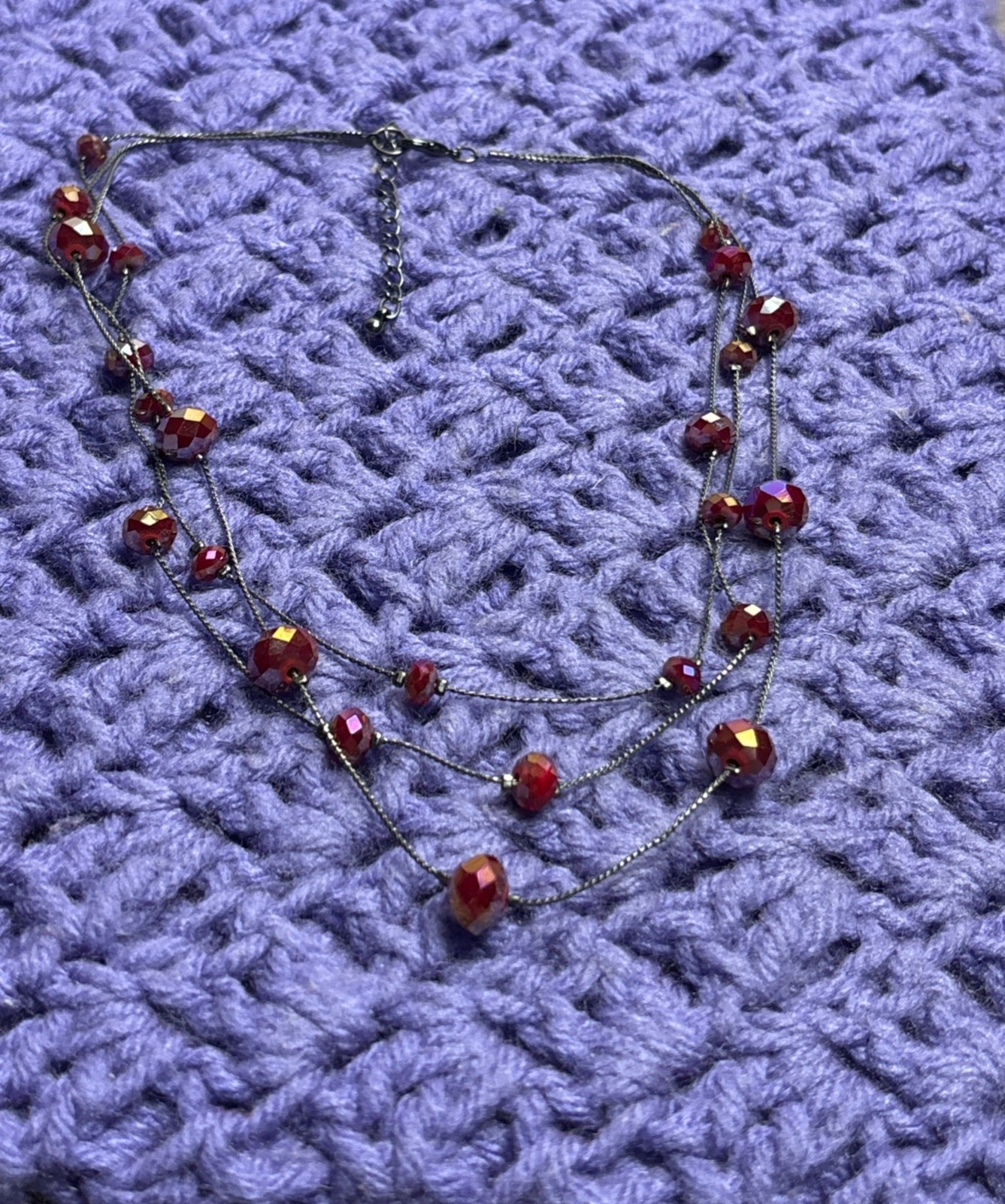 3 Strand Gunmetal Chain Necklace Red Iridescent Faceted Glass Station Beads