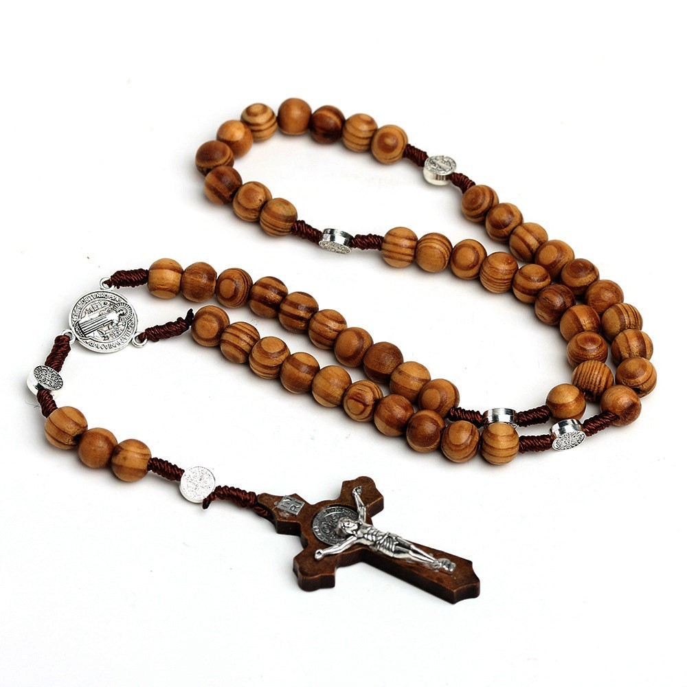 10mm Wood Beads Rosary Cross Necklace for Women Men Christian Virgin Mary Inri P