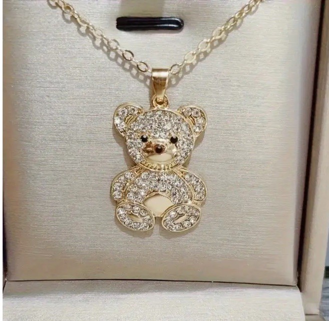 Gold Teddy Bear Clear Rhinestone Pendant Necklace Fashion Fun Jewelry
