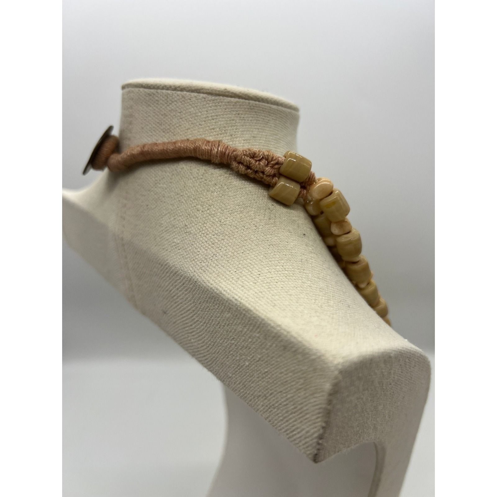 Multi Strand Chalcedony Agate Bead Necklace Boho Statement Artisan Tan