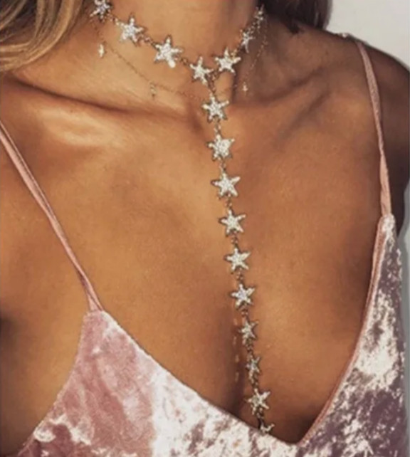 Rhinestone Crystal Star Necklace Lariat Choker Long Twinkle Charms Sparkle Drops