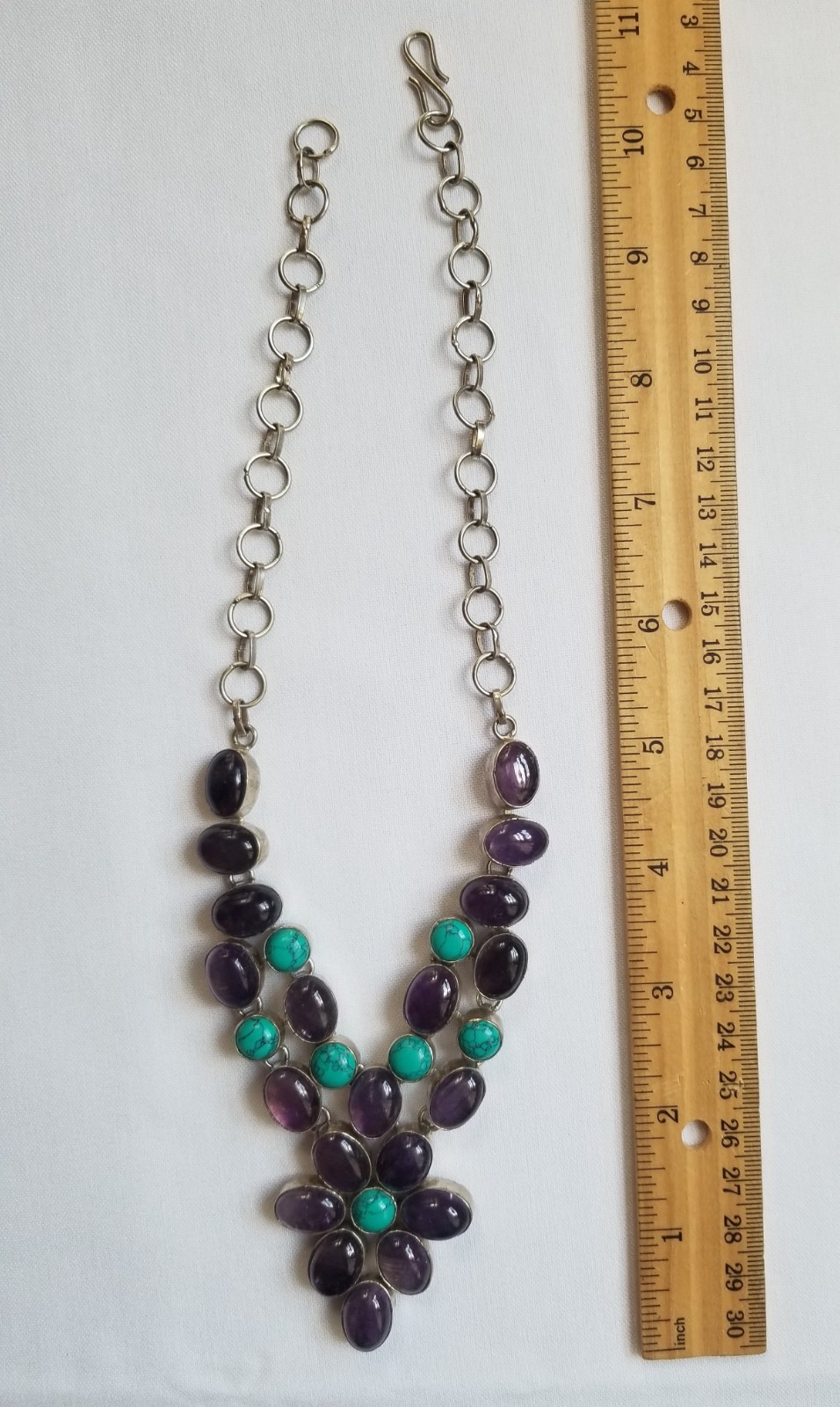 Multi Gemstone Flower Bib Statement Necklace Silver Amethyst Turquoise Handmade
