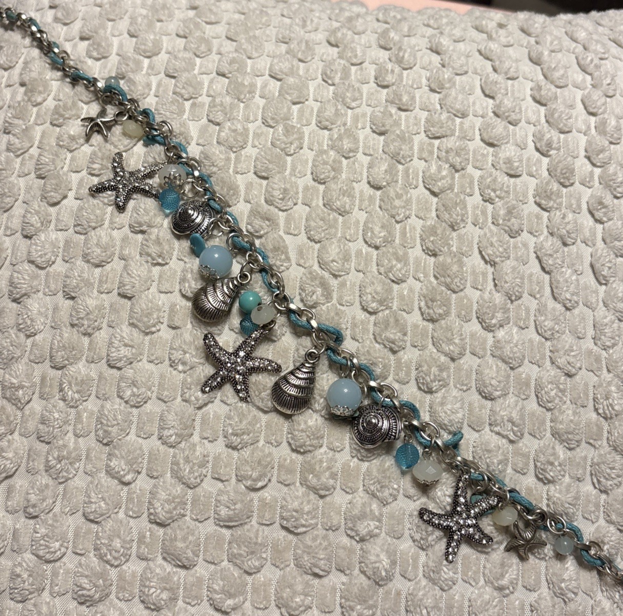Seashore Necklace In Silver Tone- 20” sparkling starfish, blue beads seashells ￼