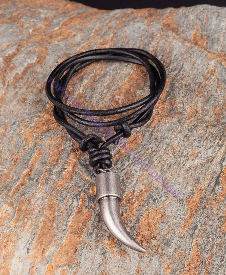 PN142 HIp-hop Metal Tooth Horn Pendant Mens Real Leather Choker Necklace BLACK