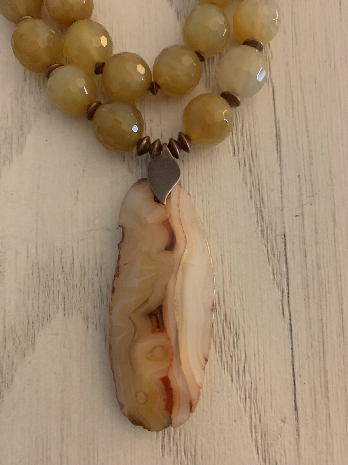 Artisan Made Agate Pendant Chunky Necklace With Hand Knotted Beads Golds Browns