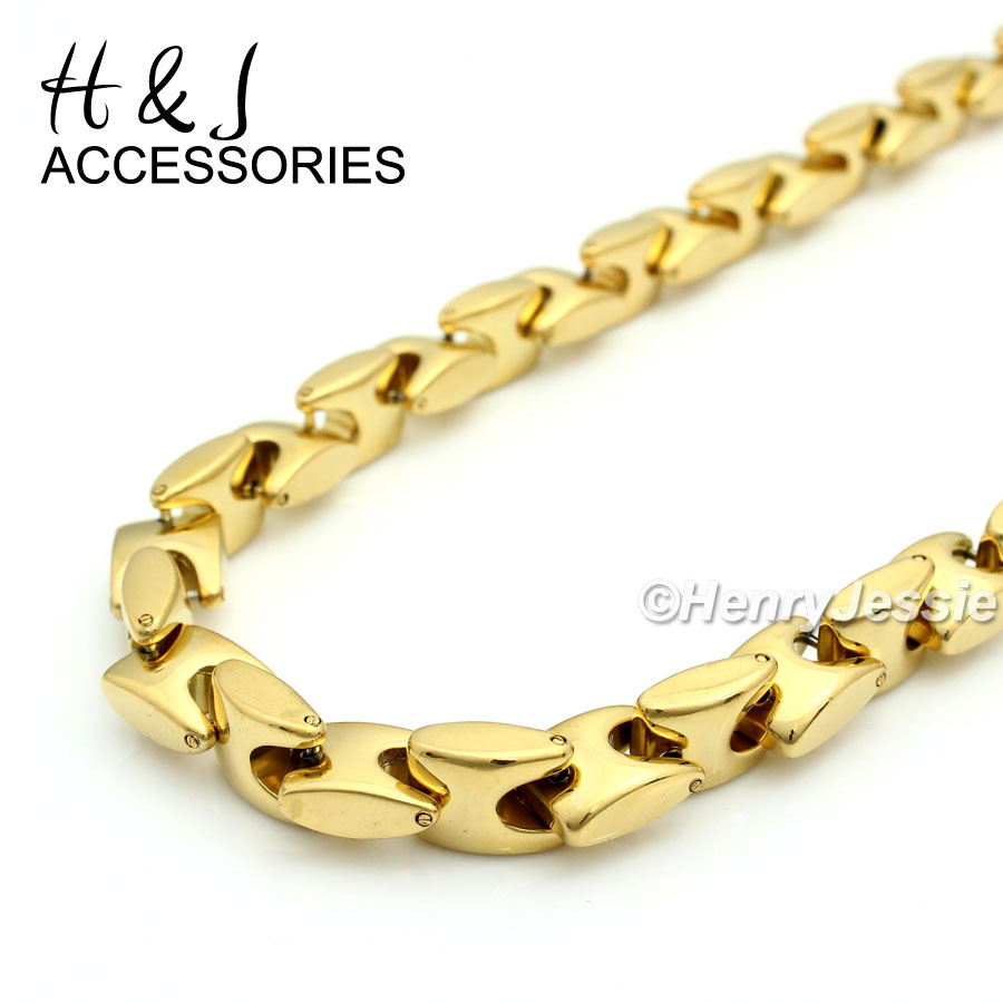 24″MEN Stainless Steel 8mm Gold Plated Interlock Bones Necklace Cross Pendant*28