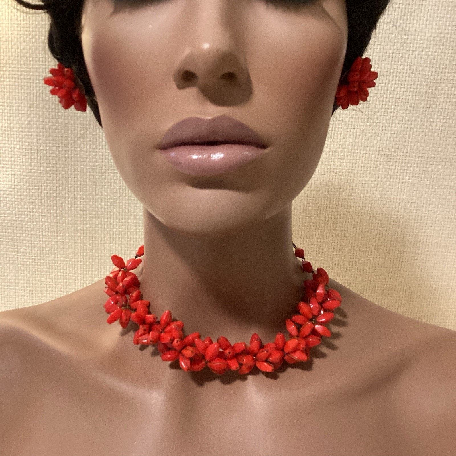 Necklace Vintage Red Coral Choker & Clip on Earring Set Made In Germany