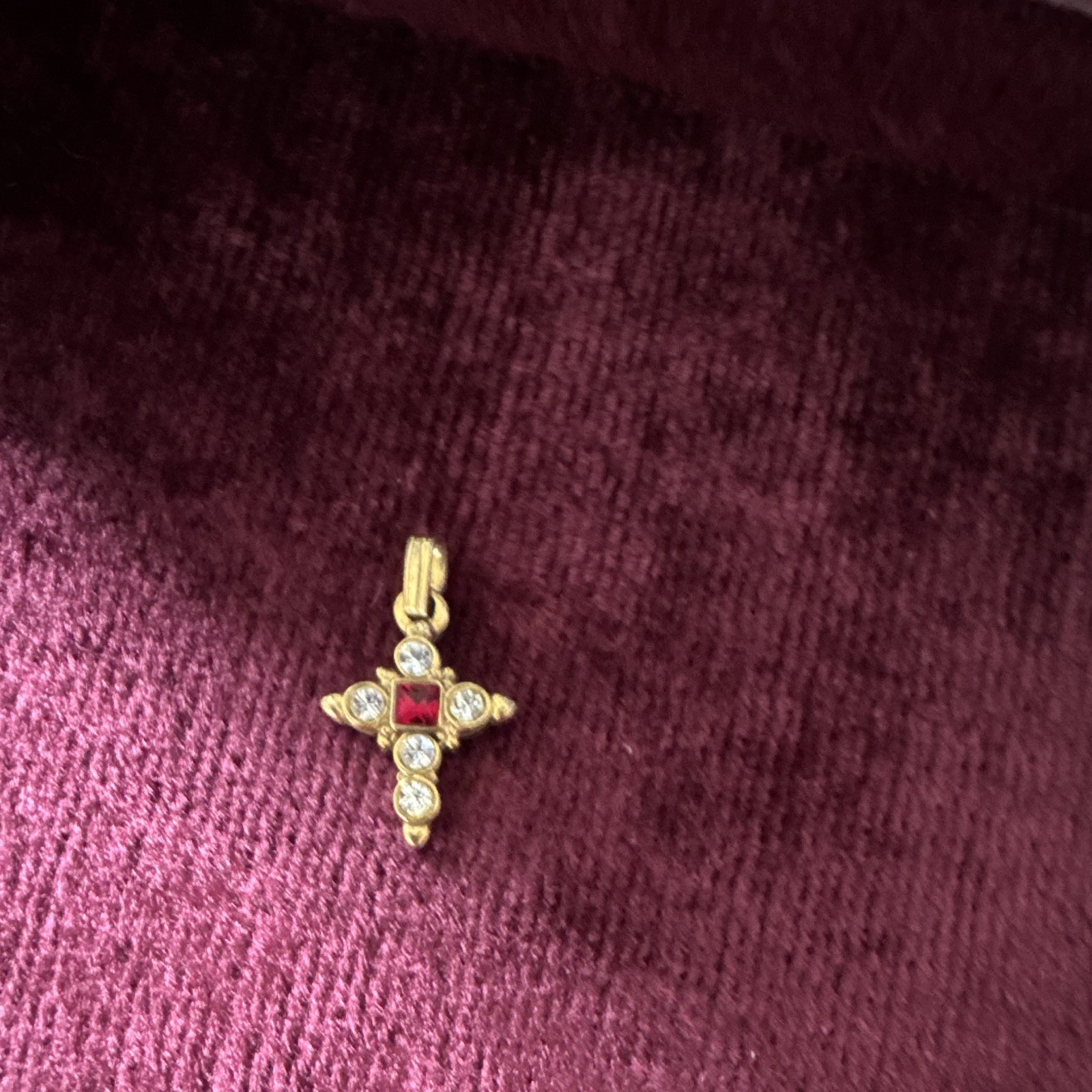 Vatican Library Signed Gold Tone Cross Charm Pendant Red Square Stone Clear