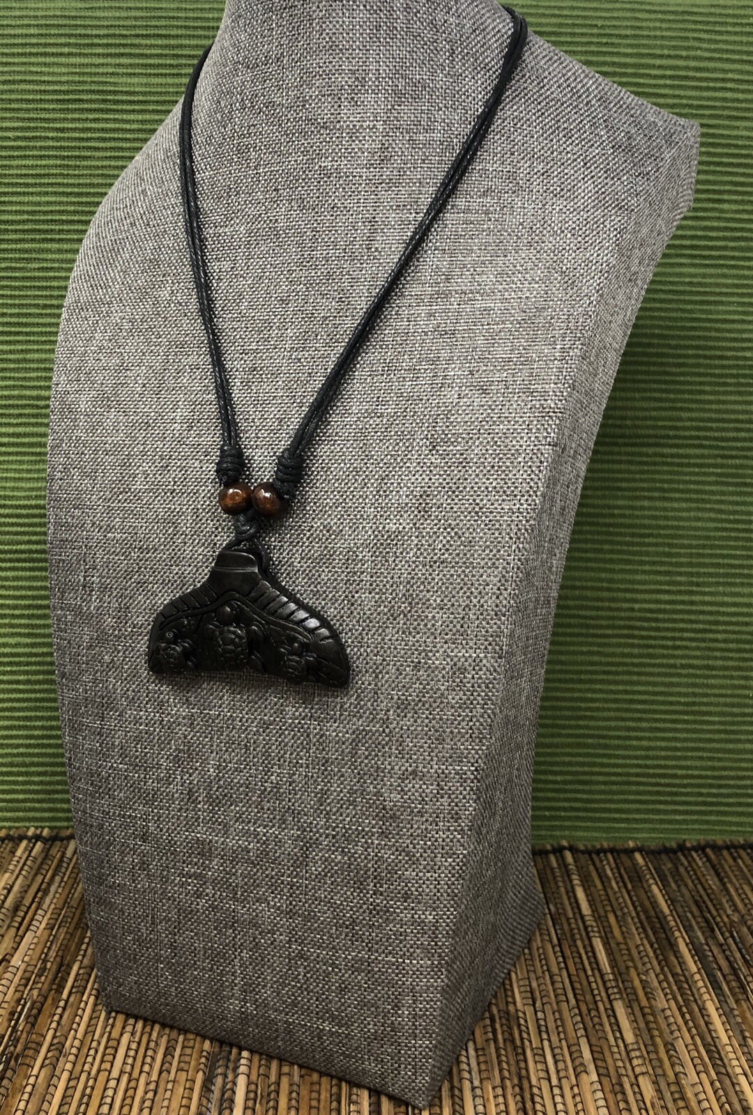 Black Whale Tail Necklace – Carved Pendant with Turtles Engraved Adjustable