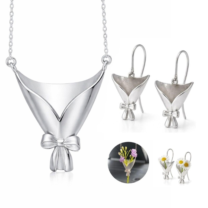 Versatile 2 Piece Jewelry Collection Featuring Elegant Floral Vase Pendants