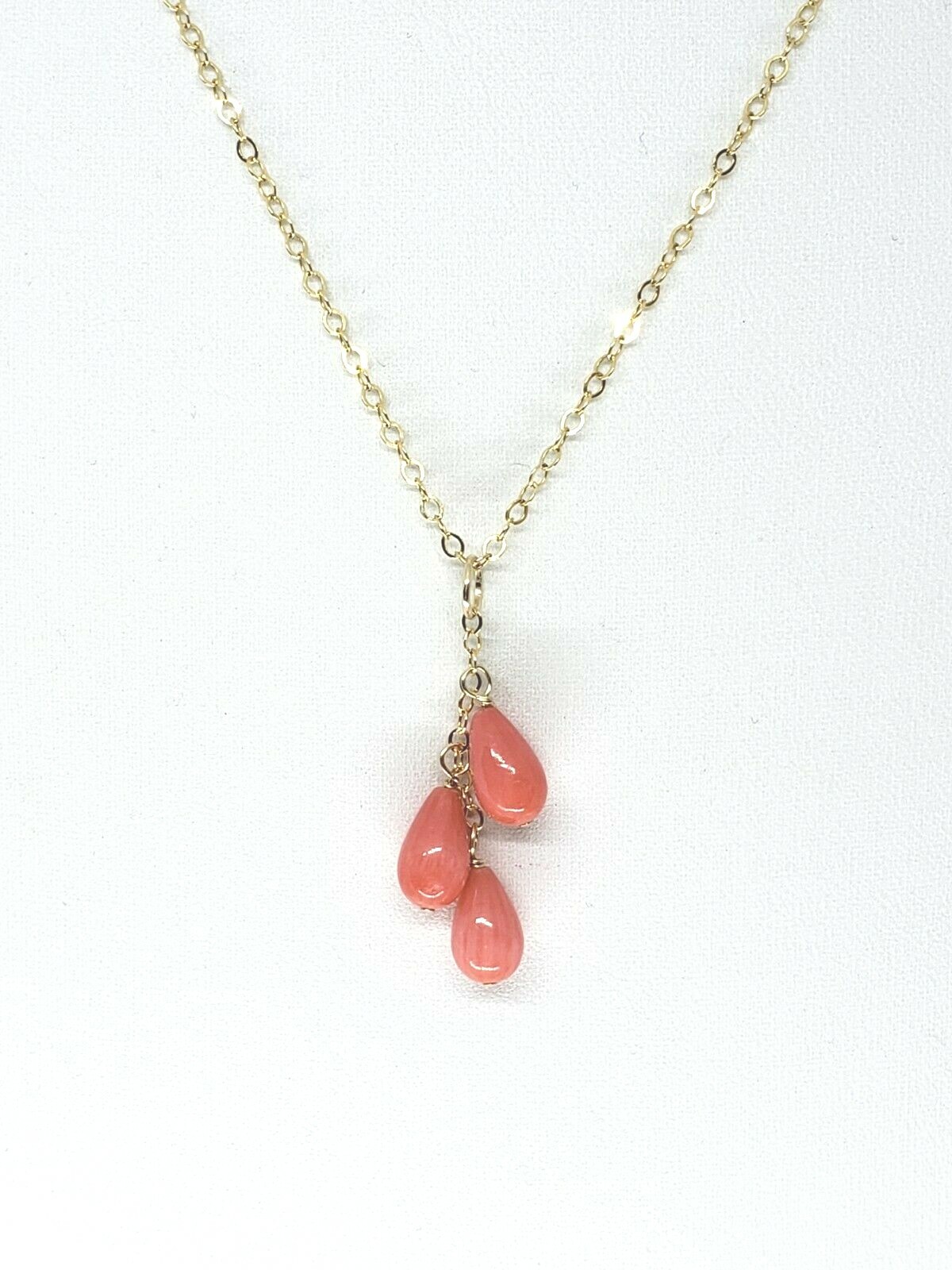 14k Yellow Gold Pink Coral Teardrop Cluster Waterfall Pendant