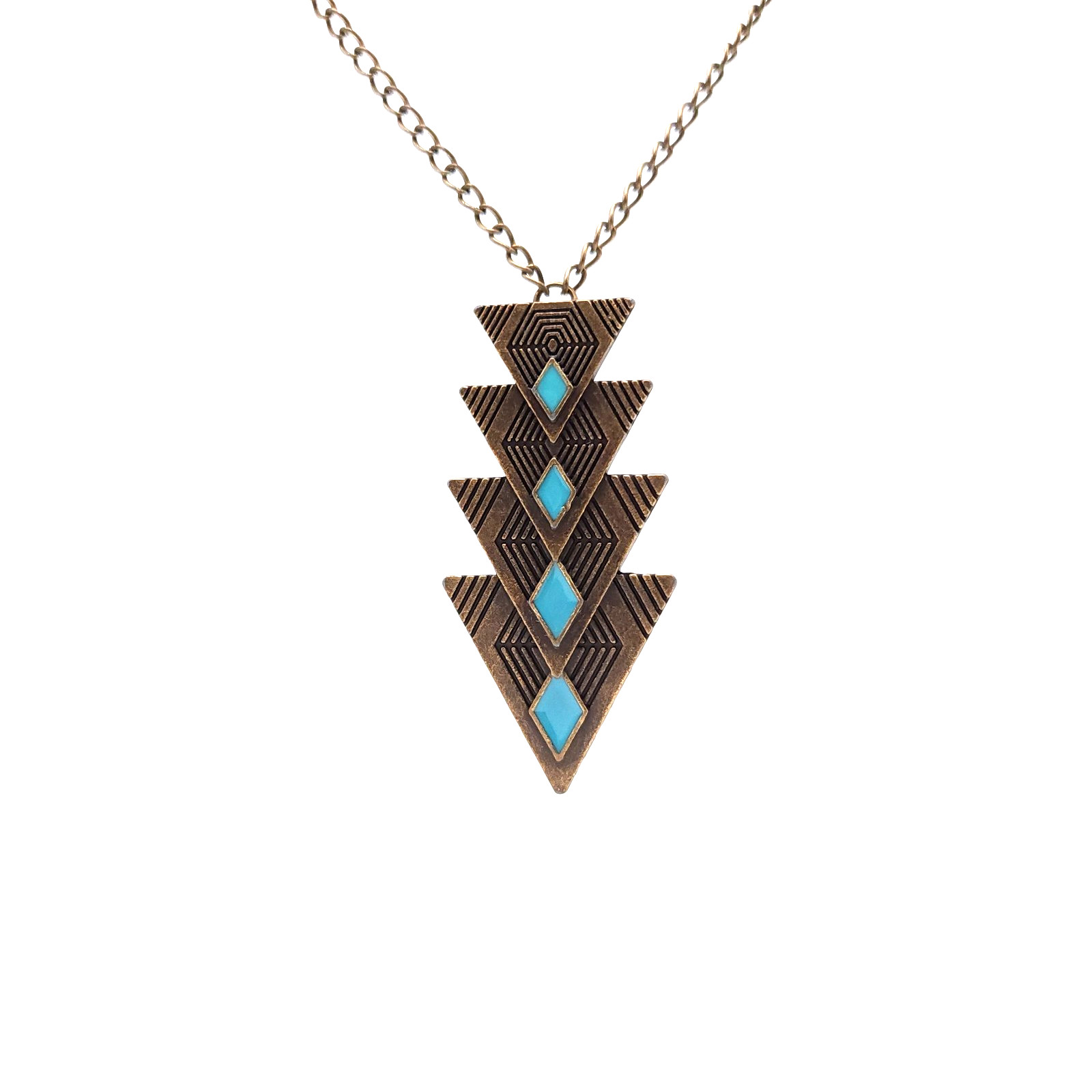 Bronze Tone Chevron Necklace Blue Enamel Geometric Boho Statement