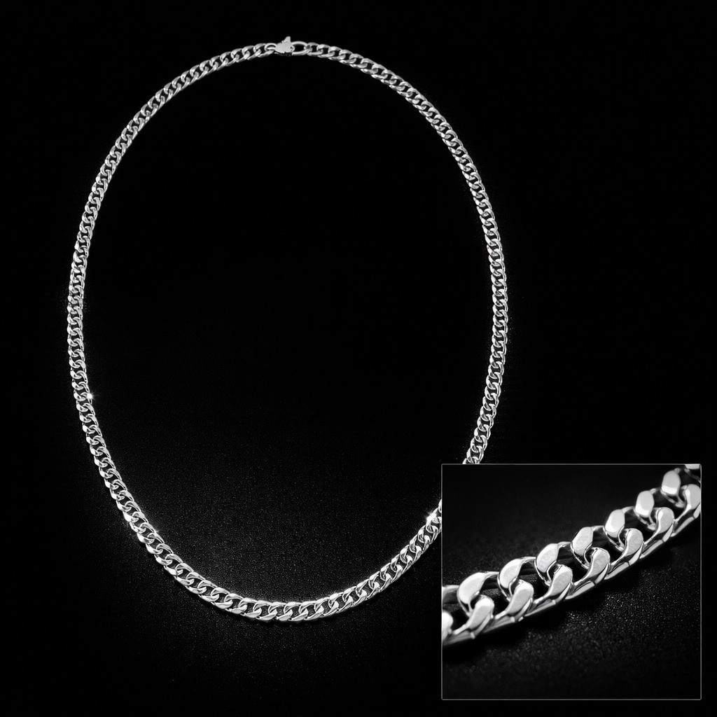 Silver Tone Curb Chain Necklace Polished Flat Link Unisex Jewelry 18″ Comfort