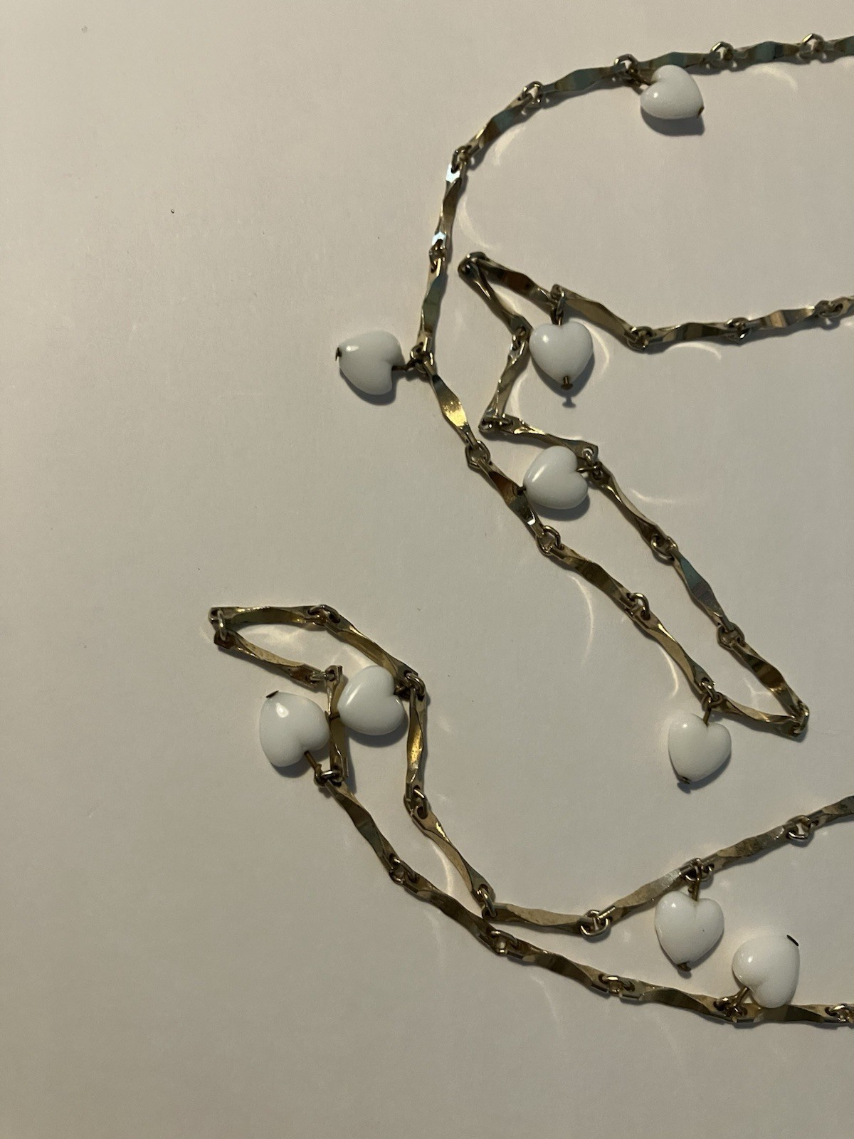 White Hearts And Gold Tone Chain Necklace 26 inch long