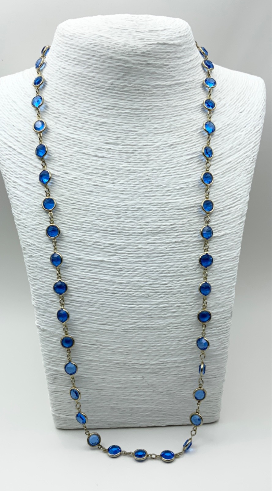 Vintage Blue Bezel Edge Necklace Gold Tone Metal Glass Beads 74cms