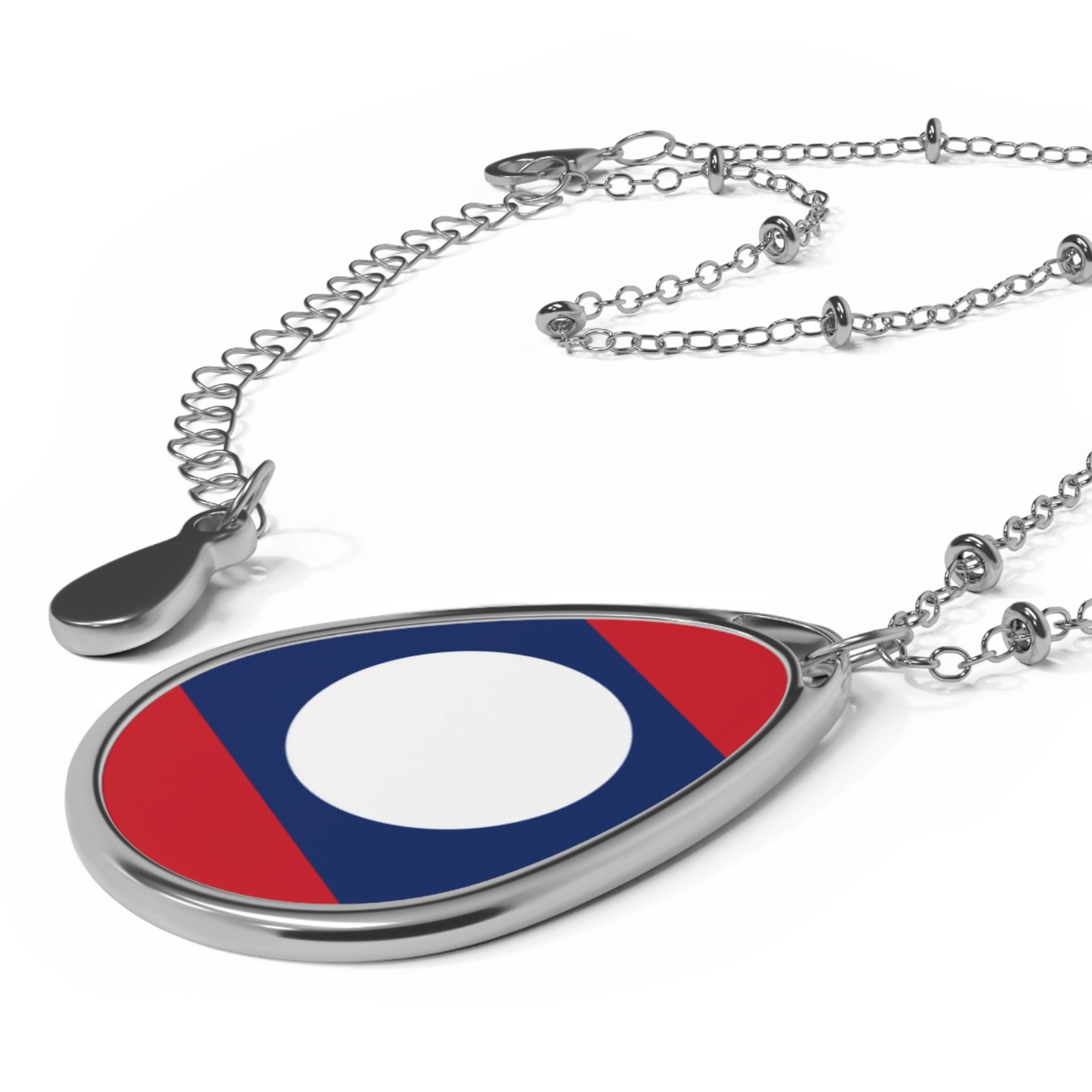 Laos Flag Oval Necklace – Laotian Heritage Pendant – One Size / Silver