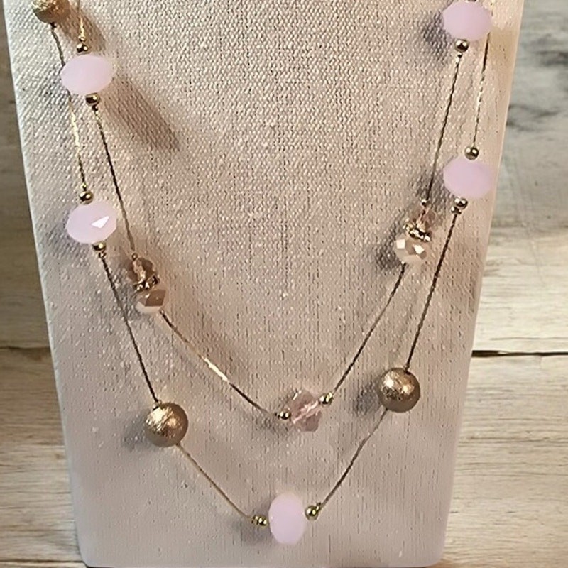 Pink, Gold and Pink Crystal Long Beaded Two Strand Layered Necklace