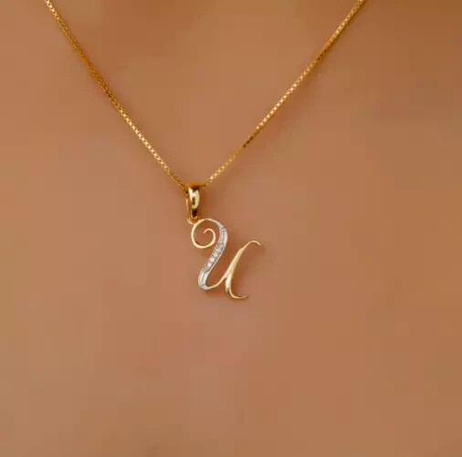 1Ct Round Cut Real Moissanite Letter ”U” Pendant 14K Yellow Gold Plated Silver