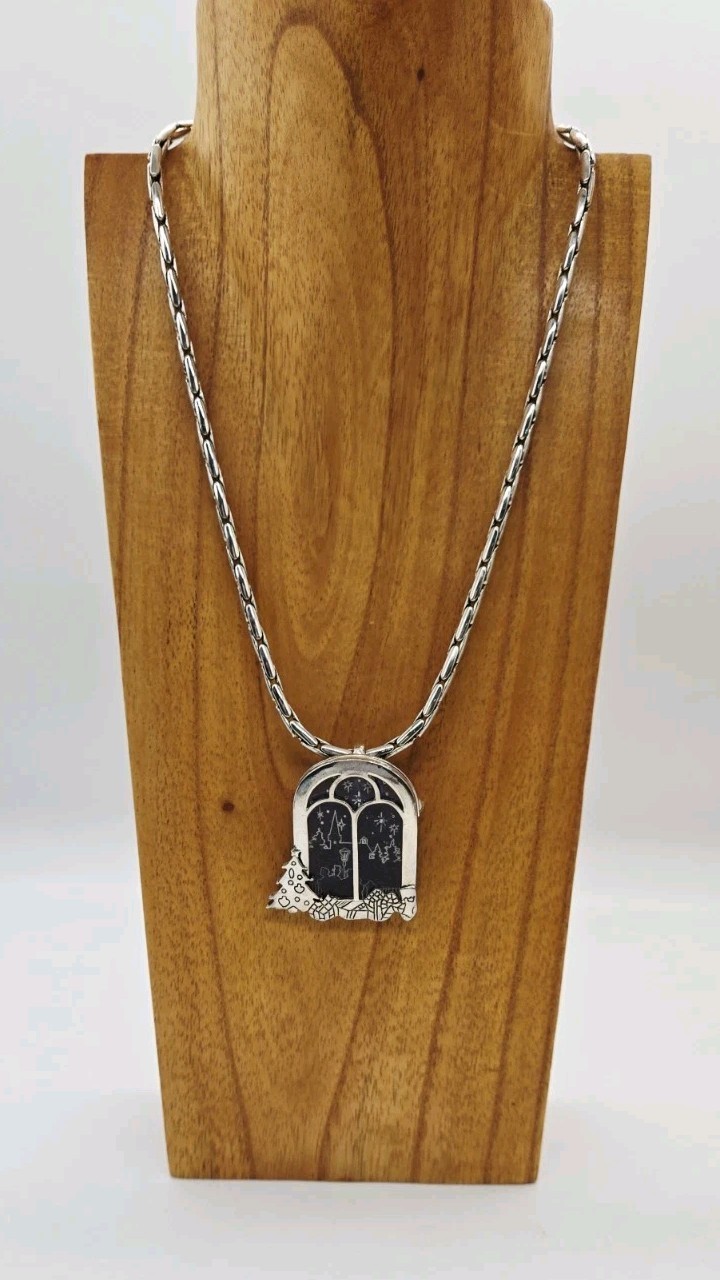 CHRISTMAS Pendant Necklace Brooch Window Scene Silver tone Necklace 20 in