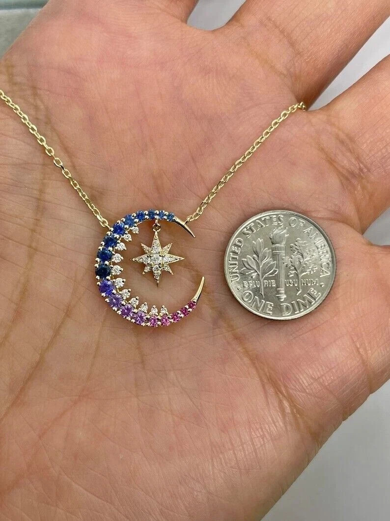 14K Yellow Gold Plated Moon & Star Pendant Chain 1.8CT Simulated Sapphire