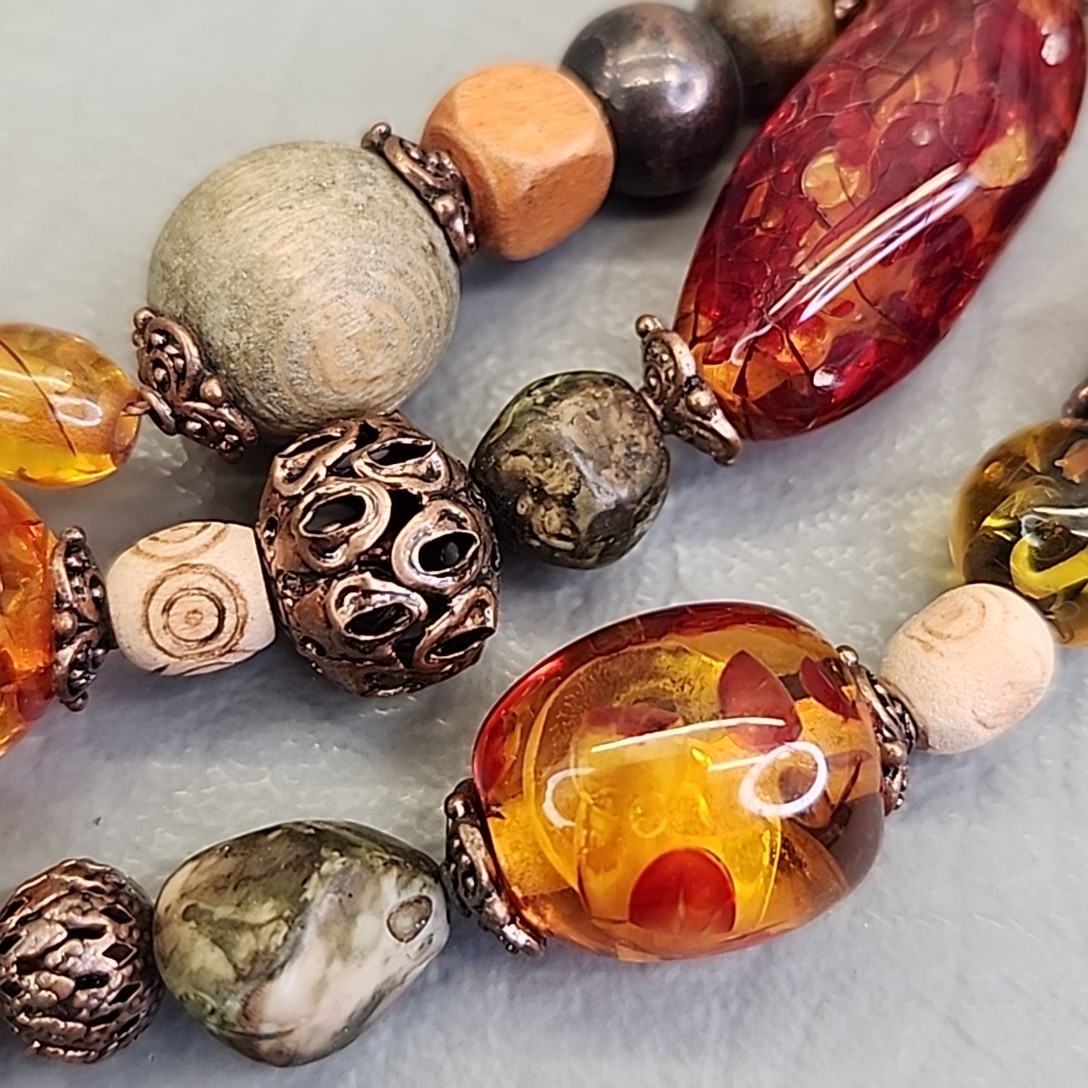 Beaded Necklace Roman Jewelry Copal Wood Beads Triple Layered 16-18″