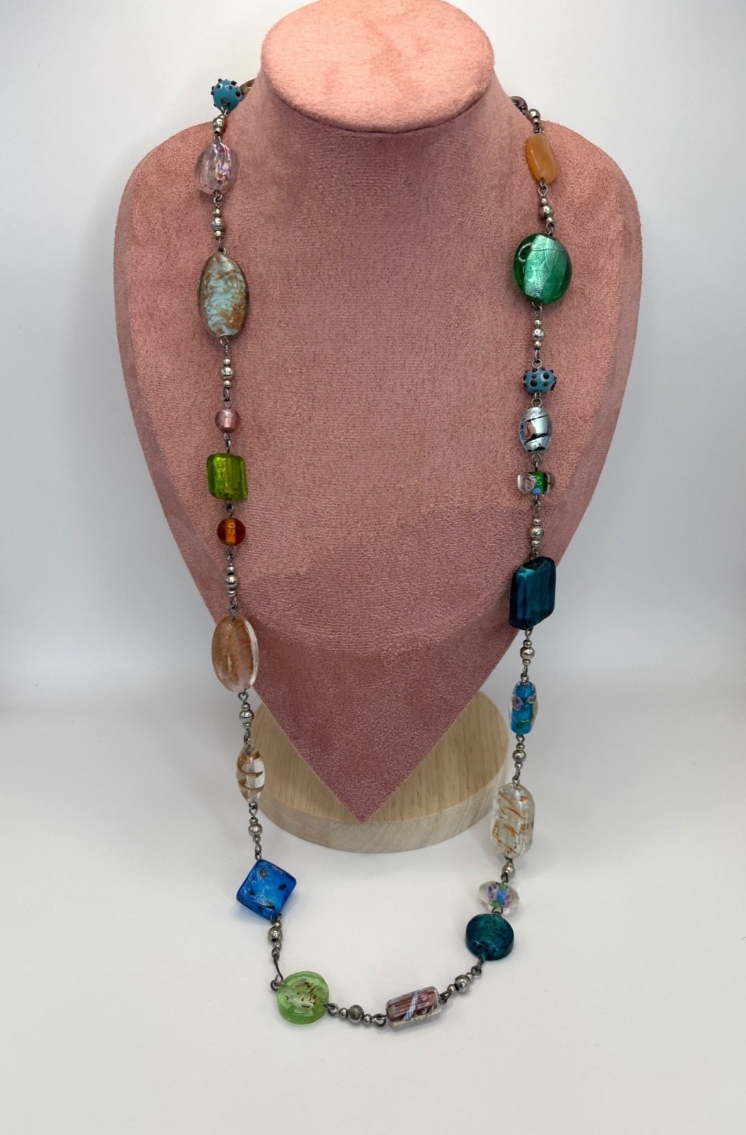 Premier Designs Venetian Murano Art Glass Beads Rhodium Plated 32″ Necklace
