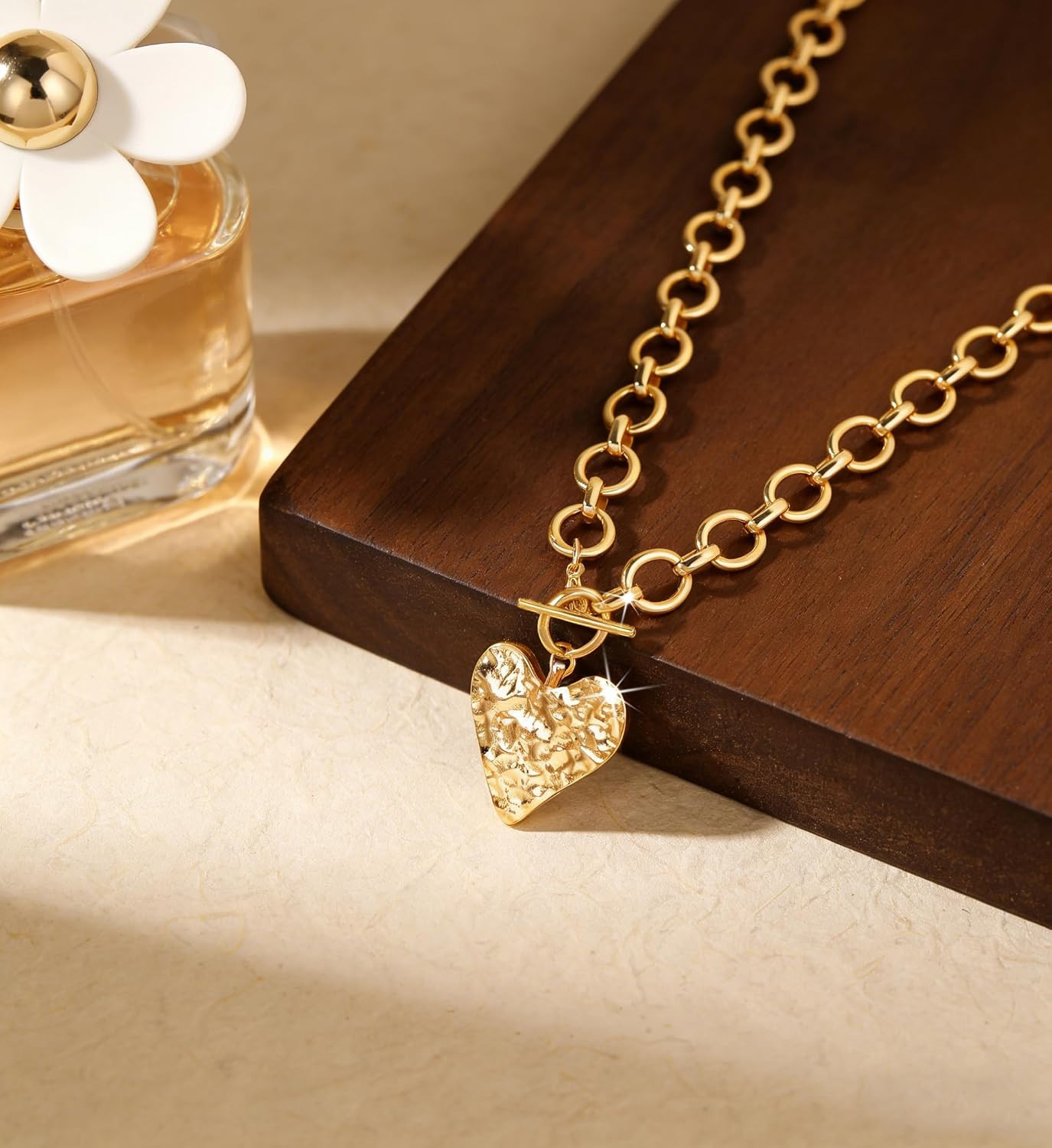Chunky Gold Heart Cross Necklace for Women, 14K Gold Plated Layering Toggle Clas
