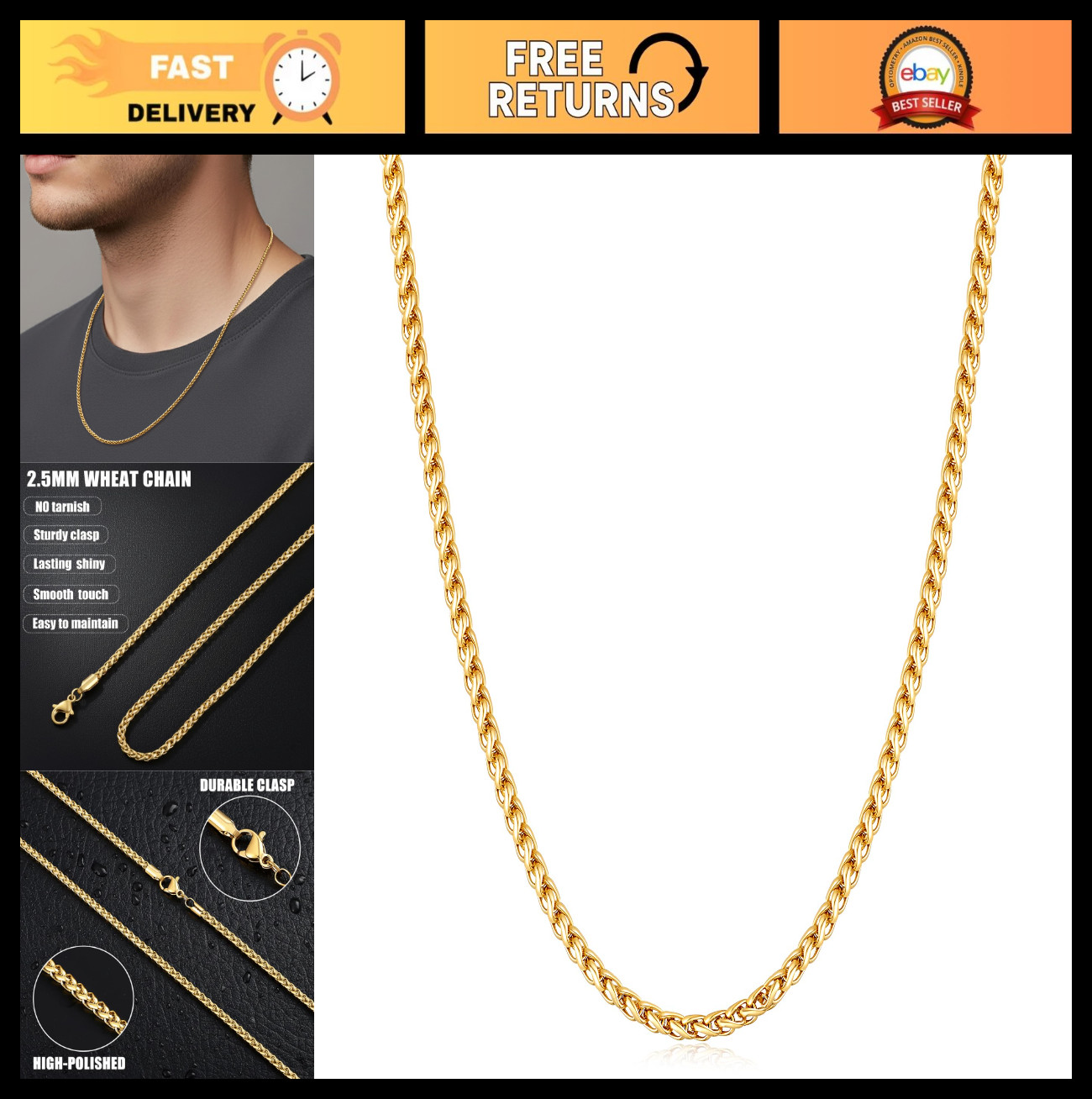 14K Gold Plated Wheat Chain Necklace, Stainless Steel 16-28 Inch, 2-5mm Unisex