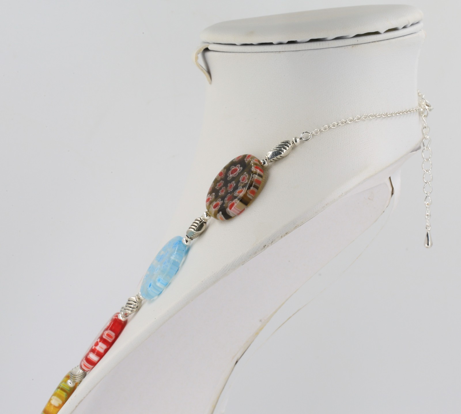 Multicolour flower millefiori glass large 25mm bead silver chain necklace