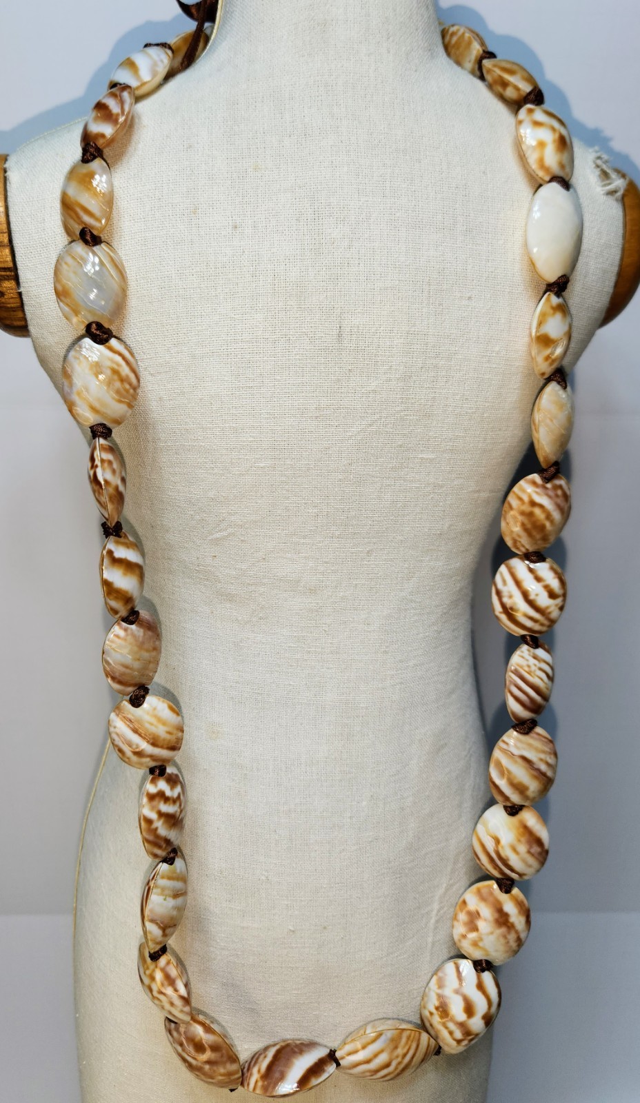 Long Brown & Ivory Marbled Shell Bead Statement Necklace