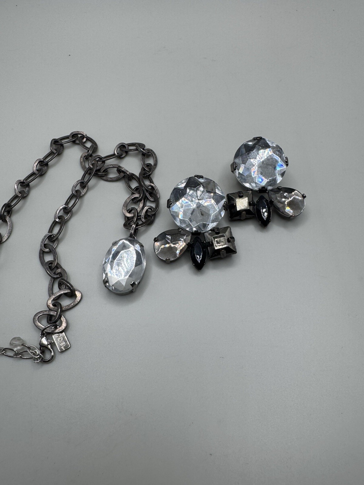 Rachel Zoe Necklace Earrings Set Bold Statement Clear Grey Black Chain Signed