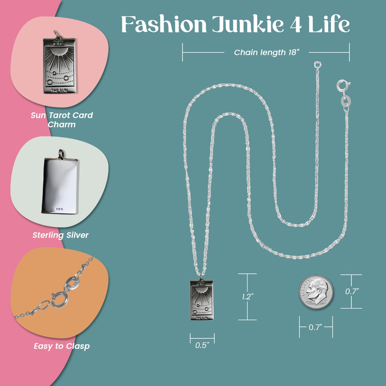 FashionJunkie4Life Sterling Silver Sun Tarot Card Pendant with 18″ Chain